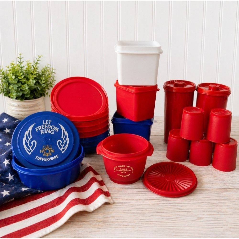 Vintage Tupperware Americana Lot Red White Blue 1974 1976 Patriotic Kitchen Set